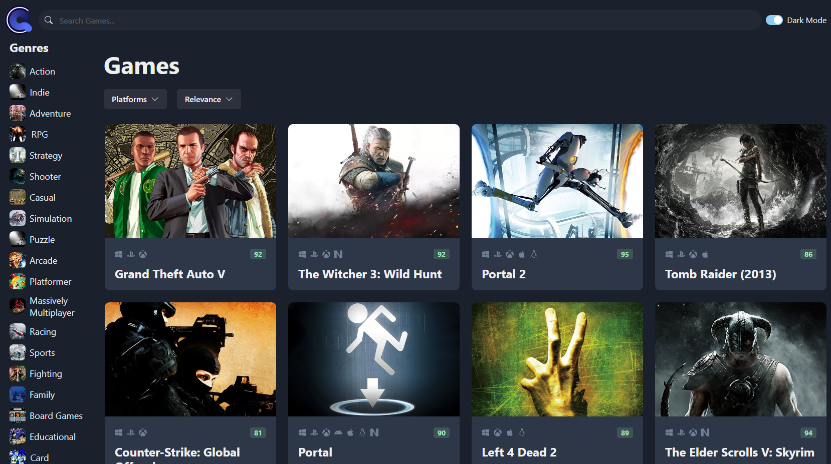 A mockup of Game Discovery Website